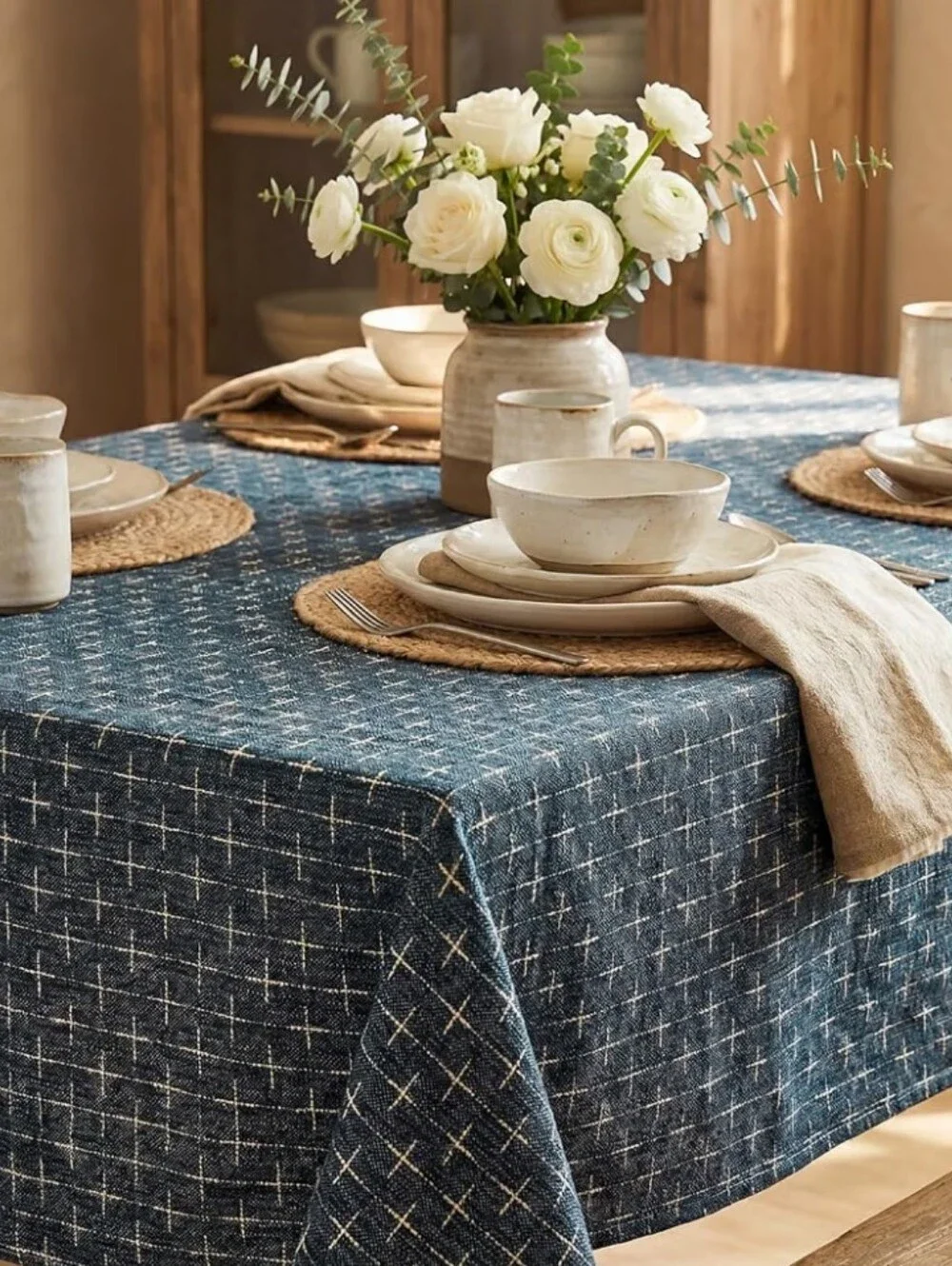 Blue Crosshatch Dining Tablecloth - Classic Textured Design 60x104